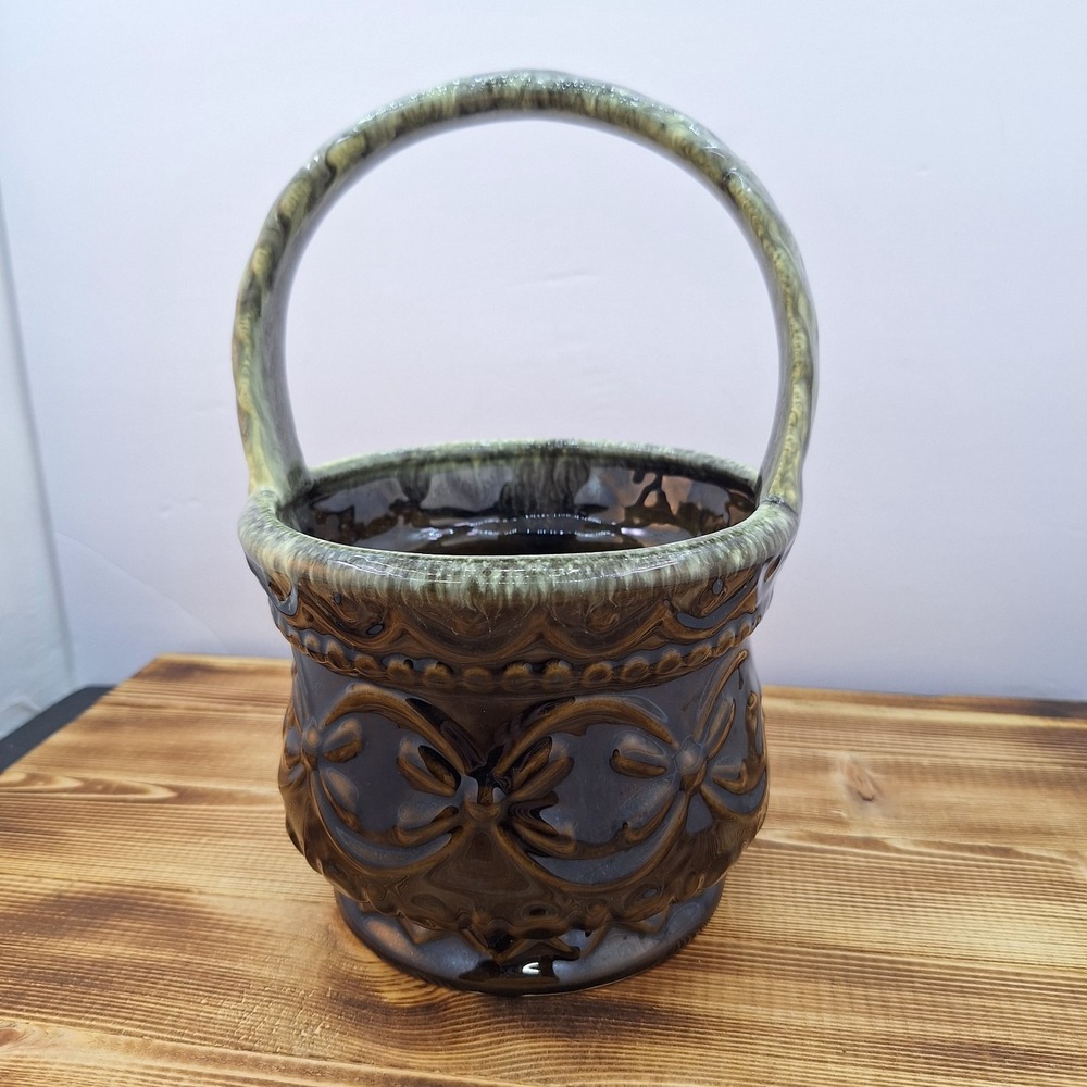 Vintage Hull Ceramic Basket Planter With Handle Dark Green Brown Made in USA‎